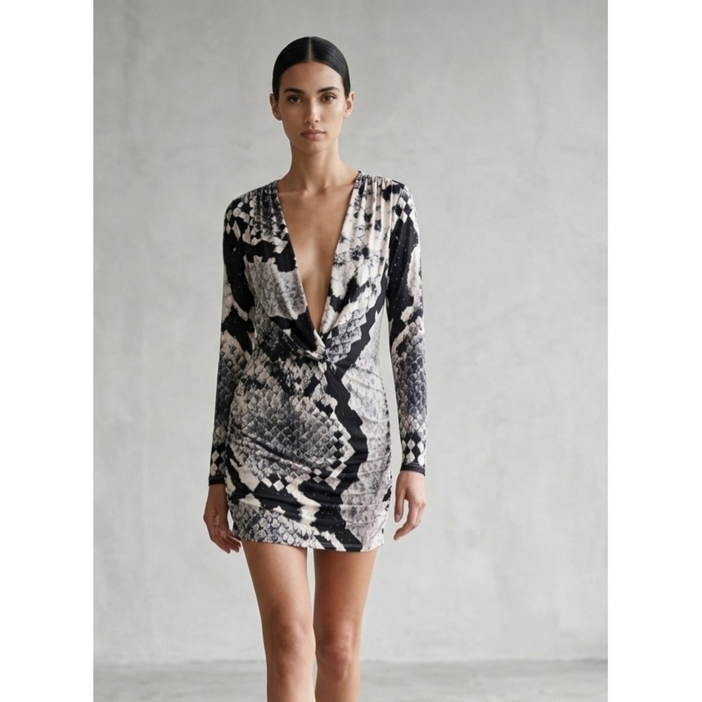 Missguided Snakeskin Animal Print Deep V-Neck Ruched Bodycon Mini Dress M